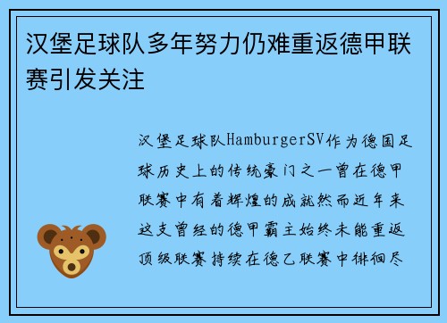 汉堡足球队多年努力仍难重返德甲联赛引发关注